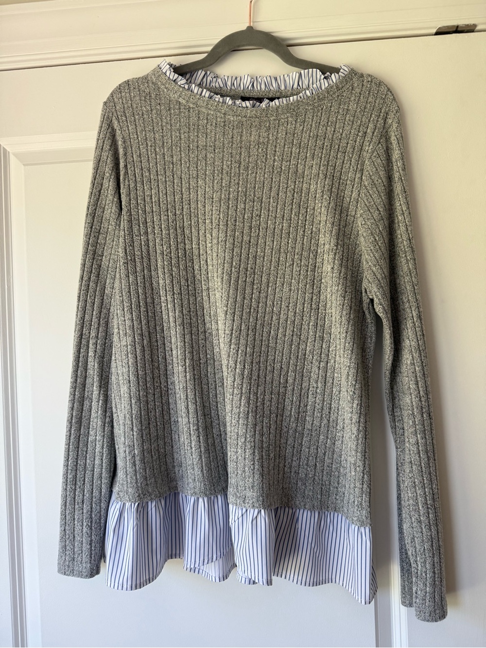 Olivia Sky Grey Ribbed Knit Tunic Top with Striped Hem and Cuffs, XL